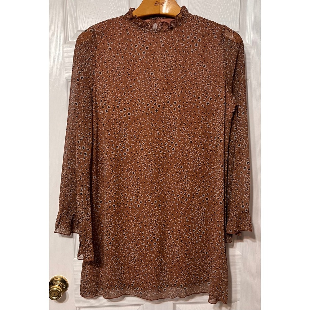 MTS Rust‎ Brown Ditsy Print Ruffle High Neck Mini Dress Long Sleeve Size Large